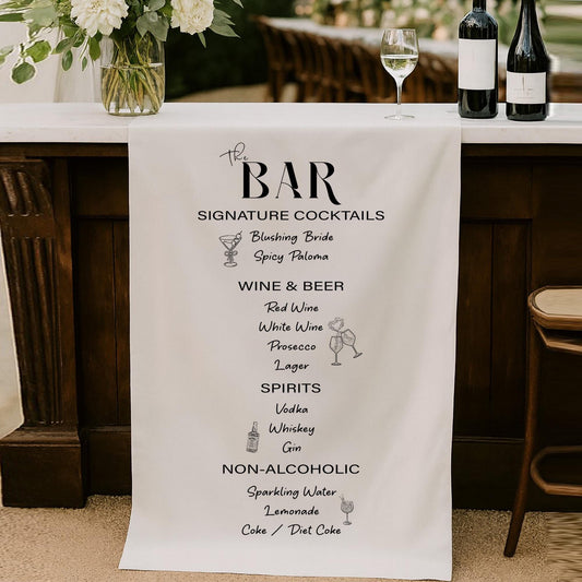 Wedding Bar Menu Runner – Personalized Signature Cocktails Banner, Modern Reception Bar Sign, Custom Drinks List, Fabric Table Banner