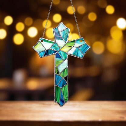 Christian Cross Window Hanging with Blue Green Glass Mosaic – Christian Decor, Religious Gift for Mom, Housewarming Ornament, Faith Art