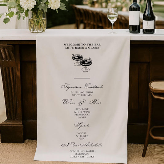 Wedding Bar Menu Runner, Personalized Signature Cocktails Banner with Champagne Tower & Bow, Coquette Script, Custom Drinks List Table Decor