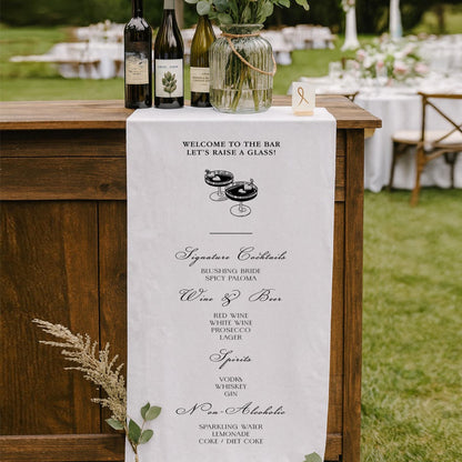 Wedding Bar Menu Runner, Personalized Signature Cocktails Banner with Champagne Tower & Bow, Coquette Script, Custom Drinks List Table Decor