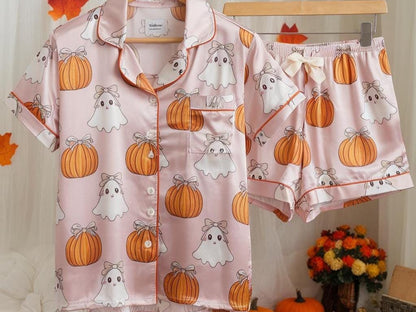 Cute Ghosts Bows and Pumpkins Satin Pajamas Set, Ghost Pajamas, Coquette Halloween Pajama, Halloween Pajamas, Pumpkin Pajamas, Cozy Fall Pjs