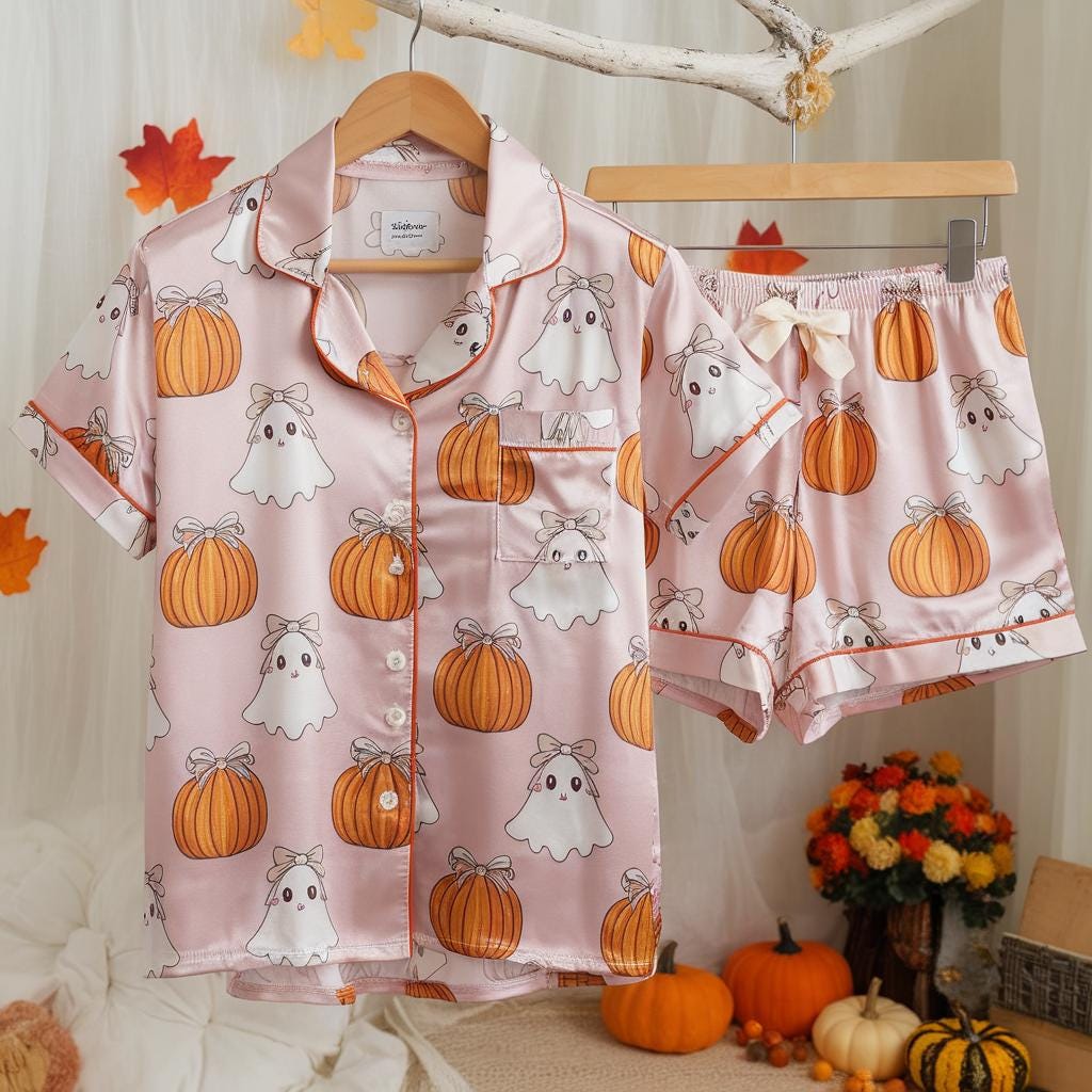 Cute Ghosts Bows and Pumpkins Satin Pajamas Set, Ghost Pajamas, Coquette Halloween Pajama, Halloween Pajamas, Pumpkin Pajamas, Cozy Fall Pjs