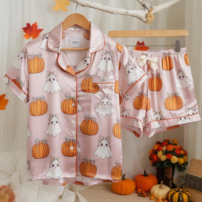 Cute Ghosts Bows and Pumpkins Satin Pajamas Set, Ghost Pajamas, Coquette Halloween Pajama, Halloween Pajamas, Pumpkin Pajamas, Cozy Fall Pjs