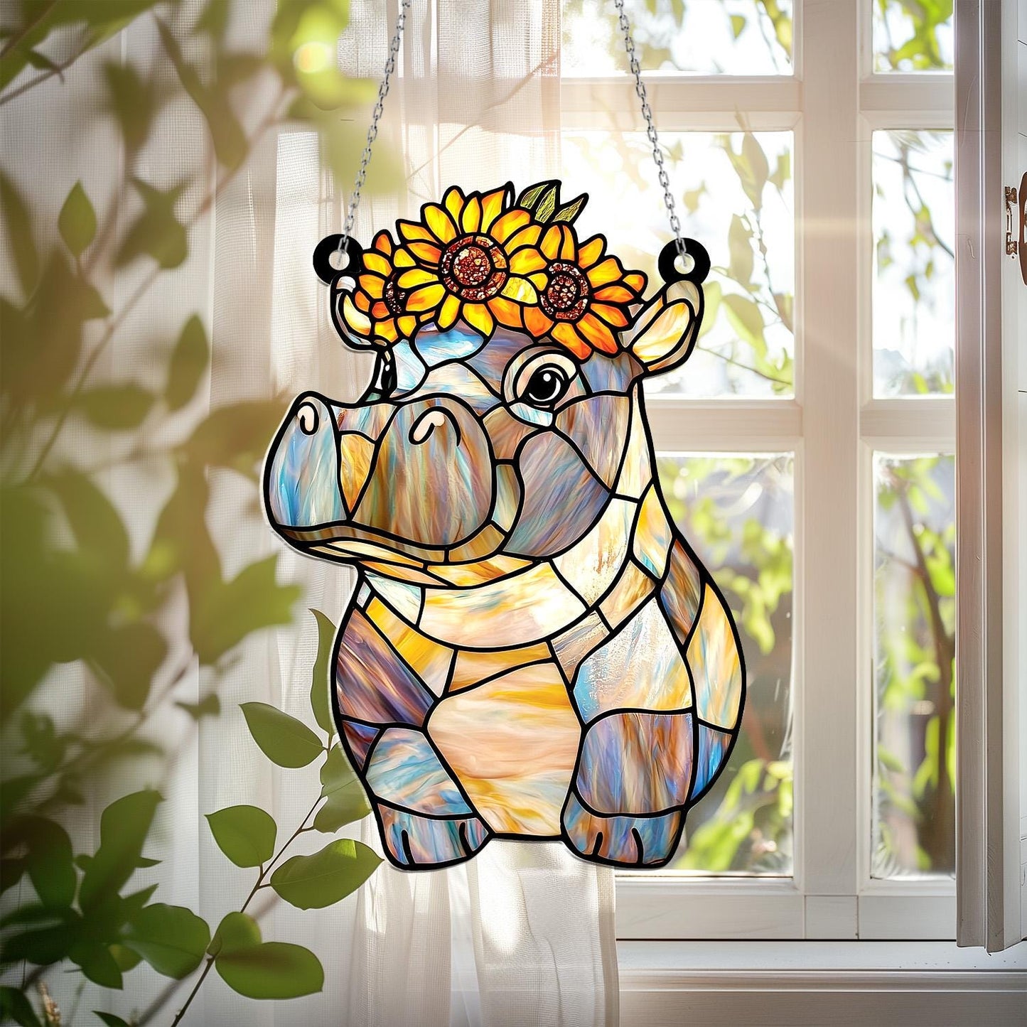 Hippo Window Hanging with Sunflower Crown – Cute Faux Glass Suncatcher Decor, Whimsical Animal Lover Gift, Playful Nature-Inspired Art