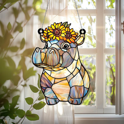 Hippo Window Hanging with Sunflower Crown – Cute Faux Glass Suncatcher Decor, Whimsical Animal Lover Gift, Playful Nature-Inspired Art