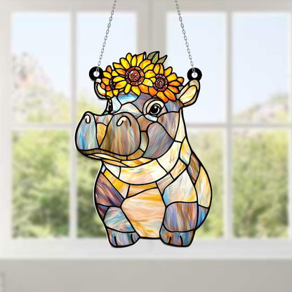 Hippo Window Hanging with Sunflower Crown – Cute Faux Glass Suncatcher Decor, Whimsical Animal Lover Gift, Playful Nature-Inspired Art