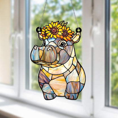 Hippo Window Hanging with Sunflower Crown – Cute Faux Glass Suncatcher Decor, Whimsical Animal Lover Gift, Playful Nature-Inspired Art