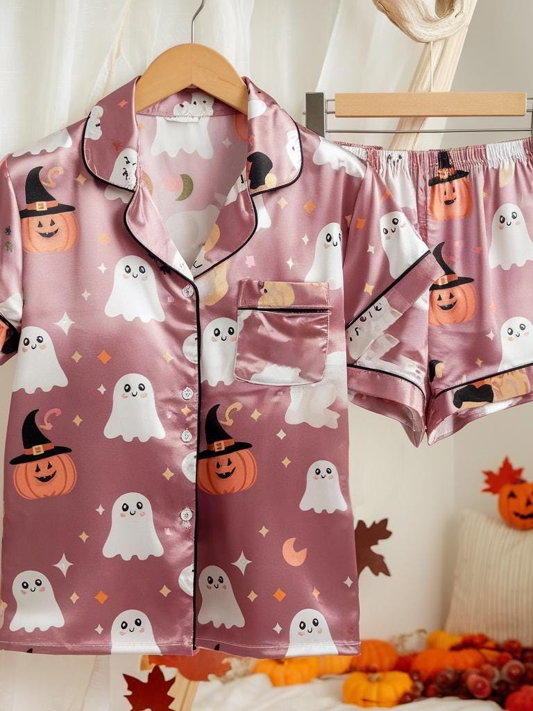 Cute Ghosts and Pumpkins Satin Pajamas Set, Ghost Pajamas, Witchy Pajamas, Halloween Pajamas Set, Witch Hats Pajamas, Spooky Season Pajamas