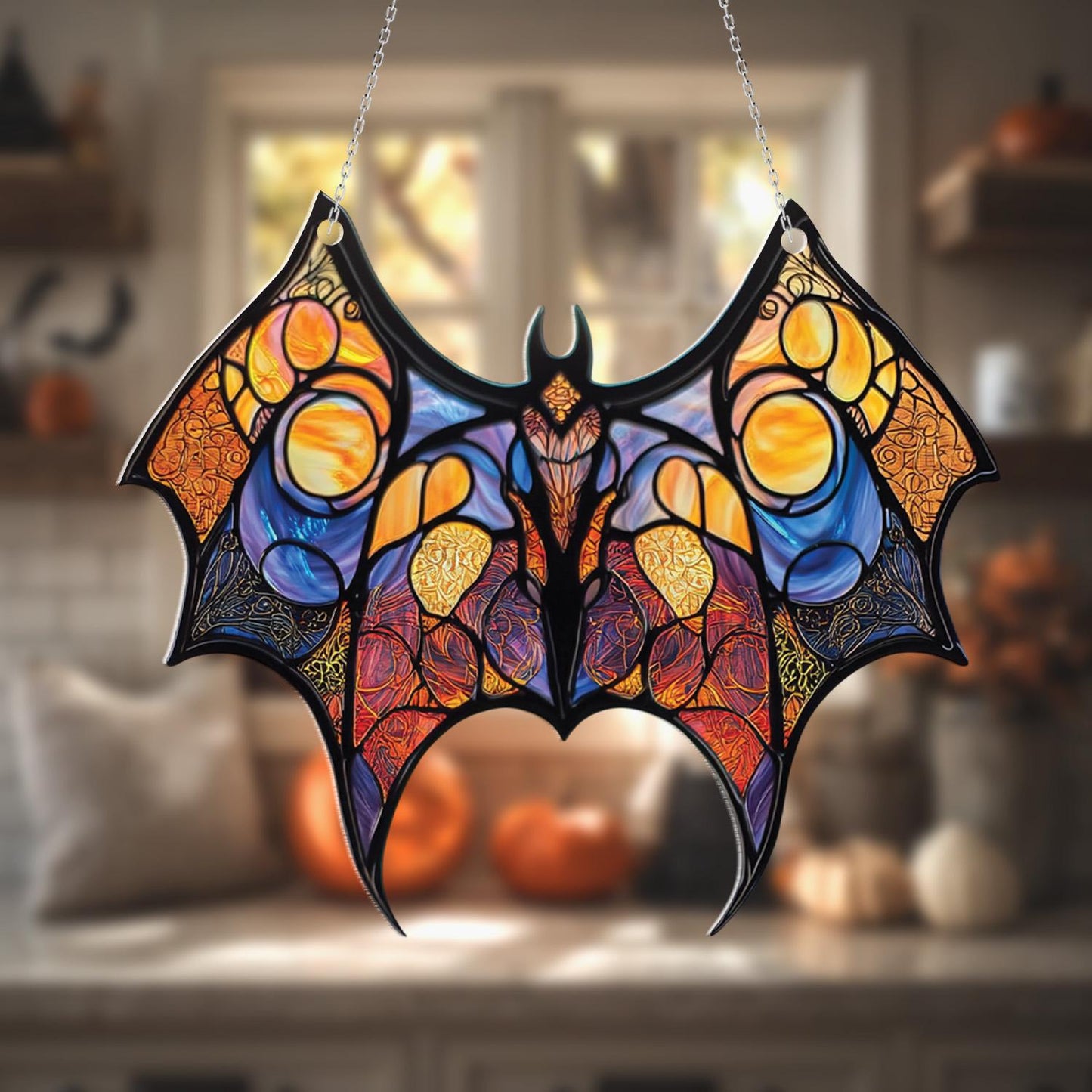 Bat Window Hanging, Gothic Wall Art for Halloween, Fiery Blue Bat Home Decor, Witchy Gift for Her, Spooky Bat Decor, Creepy Cute Accent