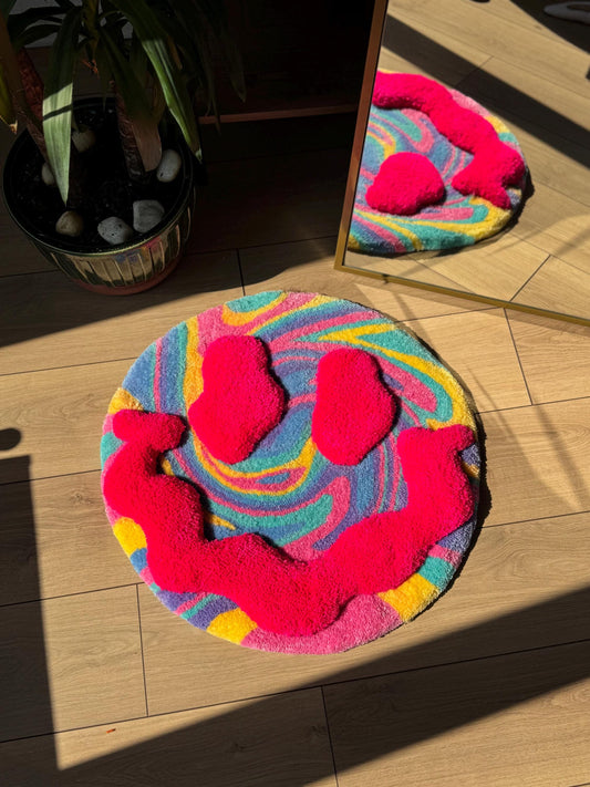 Handmade 3D Smiley Face Tufted Rug Colorful Round Swirl Carpet Funky Aesthetic Floor Mat for Bedroom Dorm Room Decor 65x65cm Gift Idea