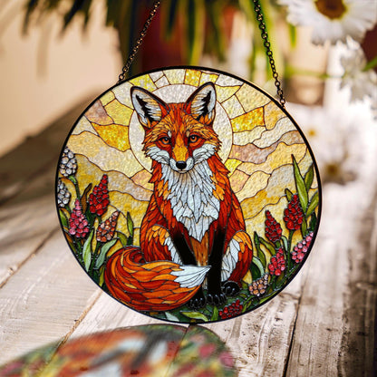 Fox in Wildflower Meadow Stained Glass Style Window Suncatcher Gift for Nature Lover or Woodland Animal Fan