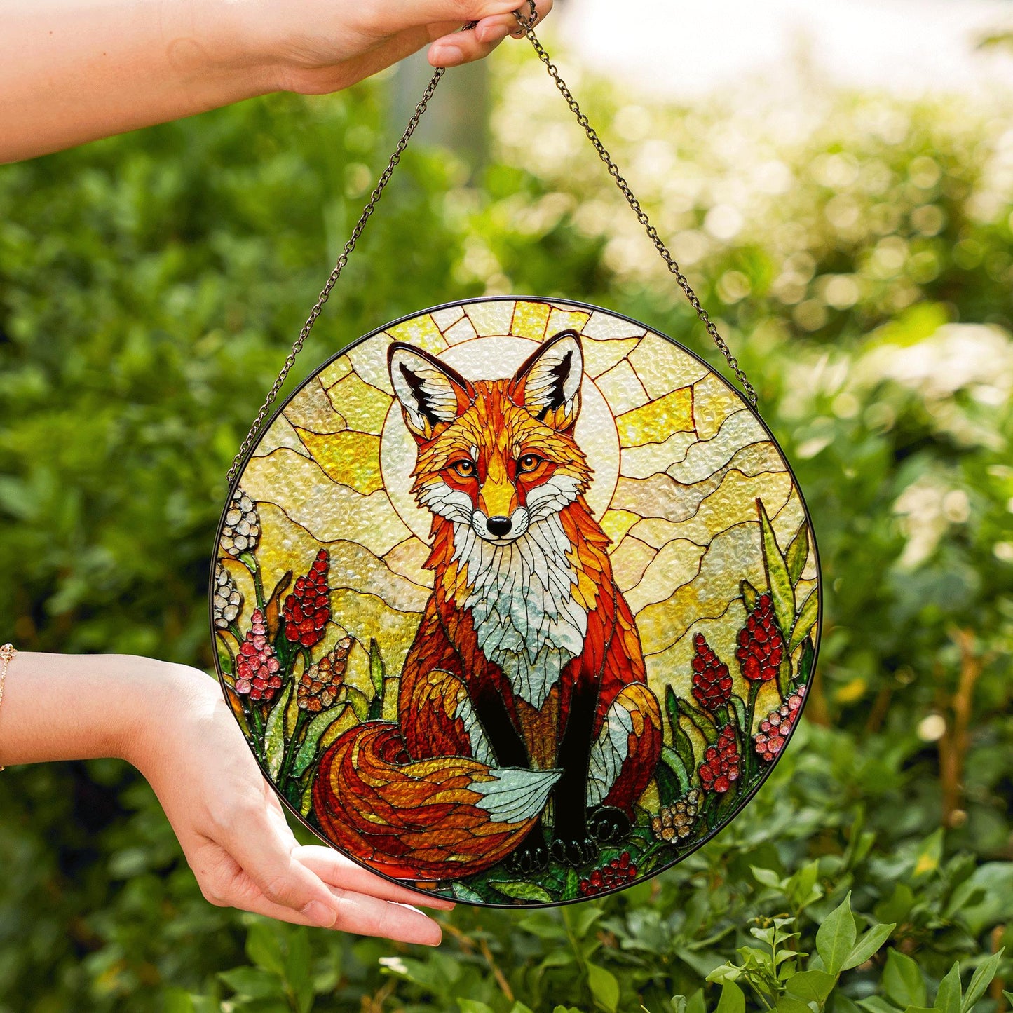 Fox in Wildflower Meadow Stained Glass Style Window Suncatcher Gift for Nature Lover or Woodland Animal Fan
