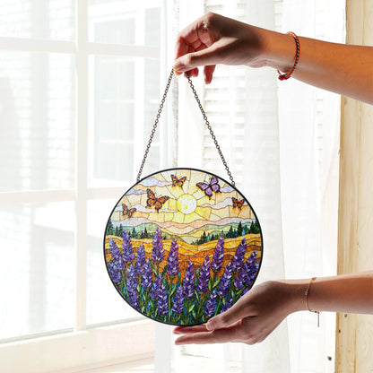 Purple lavender field butterflies stained glass round suncatcher gift for mom nature decor