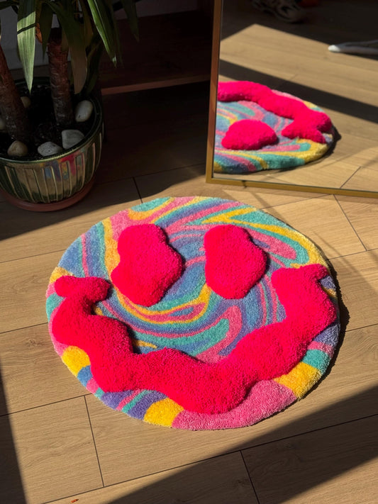 Handmade 3D Smiley Face Tufted Rug Colorful Round Swirl Carpet Funky Aesthetic Floor Mat for Bedroom Dorm Room Decor 65x65cm Gift Idea