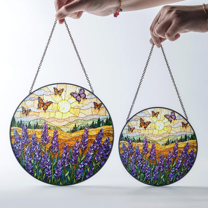 Purple lavender field butterflies stained glass round suncatcher gift for mom nature decor
