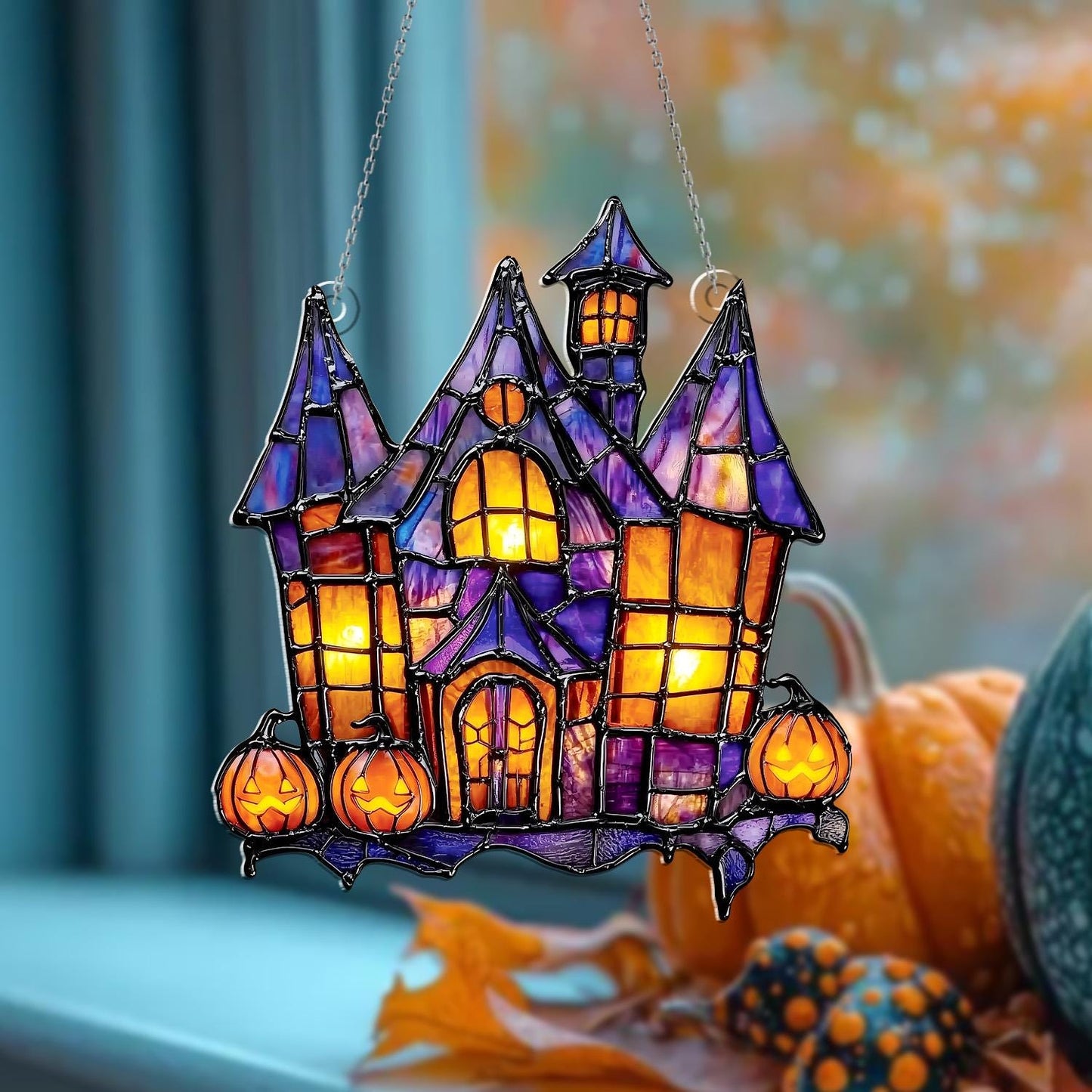 Halloween Haunted House Acrylic Window Hanging with Pumpkins – Spooky Sun Catcher for Gothic, Horror, and Festive Holiday Home Décor