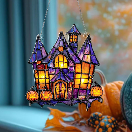 Halloween Haunted House Acrylic Window Hanging with Pumpkins – Spooky Sun Catcher for Gothic, Horror, and Festive Holiday Home Décor