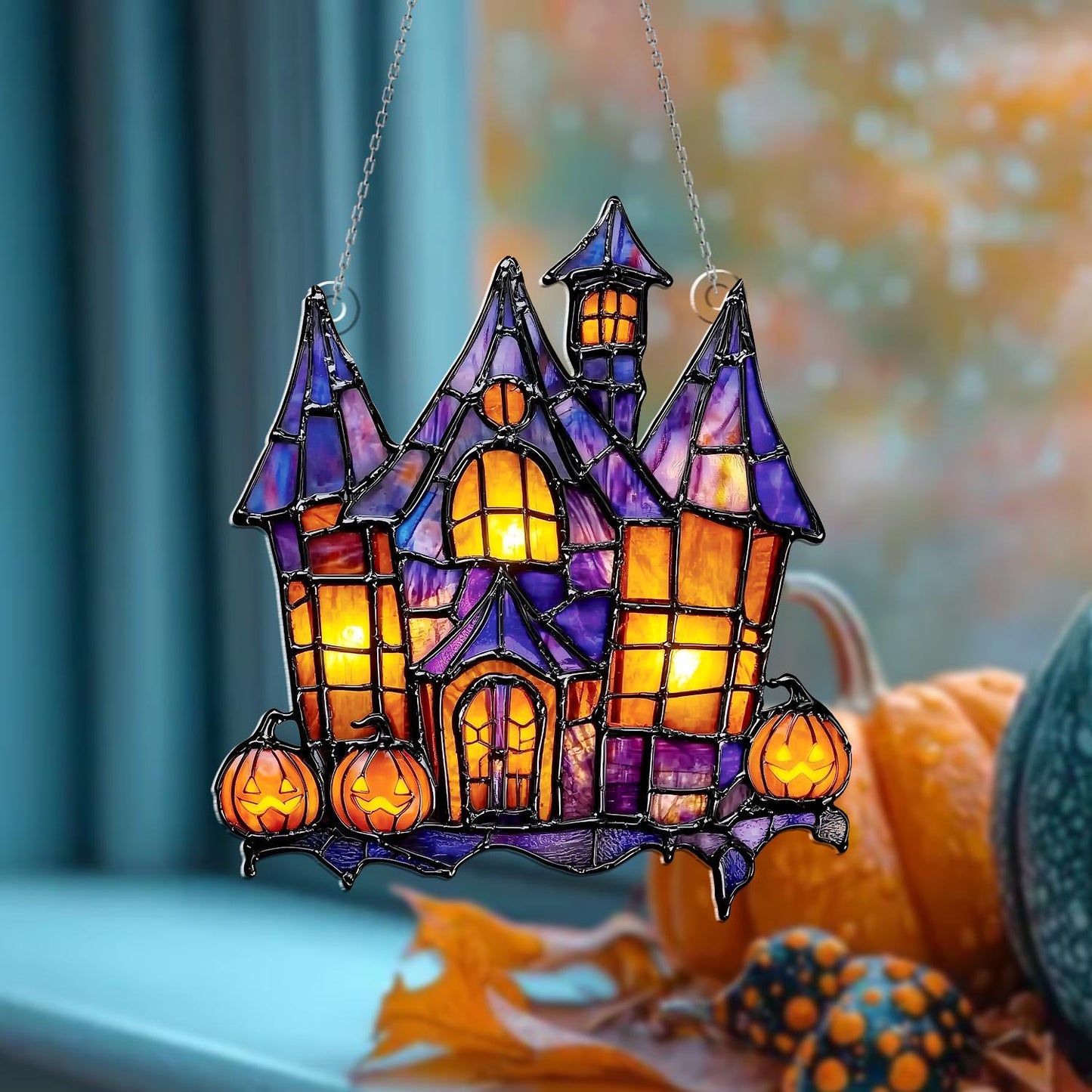 Halloween Haunted House Acrylic Window Hanging with Pumpkins – Spooky Sun Catcher for Gothic, Horror, and Festive Holiday Home Décor