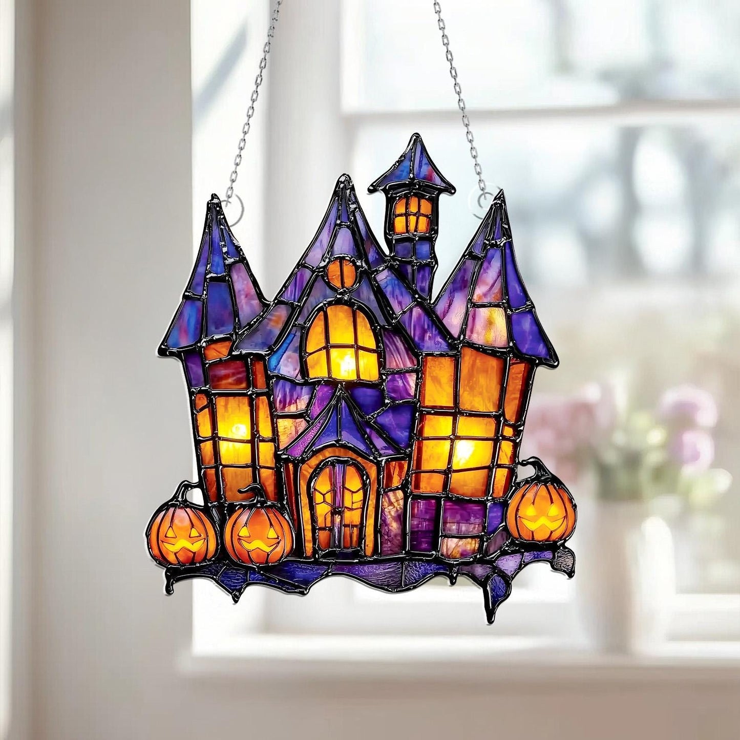 Halloween Haunted House Acrylic Window Hanging with Pumpkins – Spooky Sun Catcher for Gothic, Horror, and Festive Holiday Home Décor