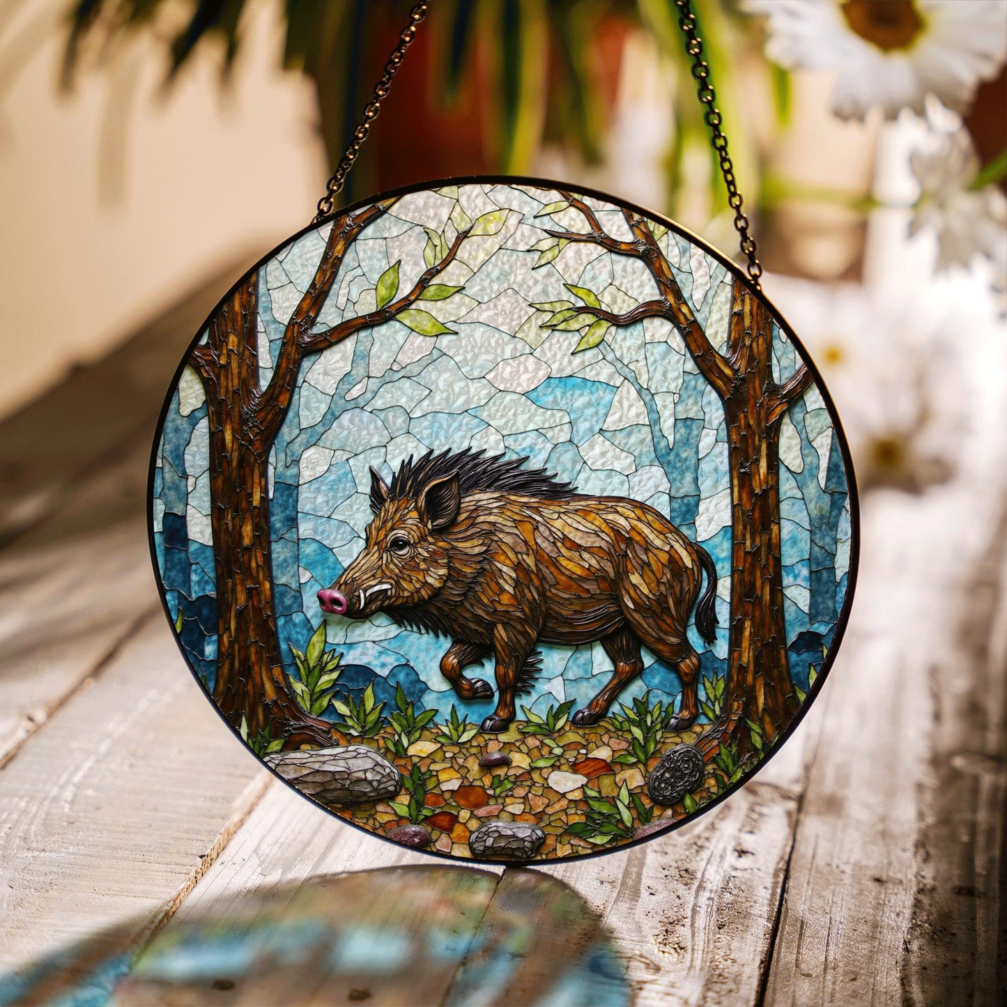 Wild Boar Forest Scene Stained Glass Suncatcher Woodland Animal Window Decor Gift for Nature Lover