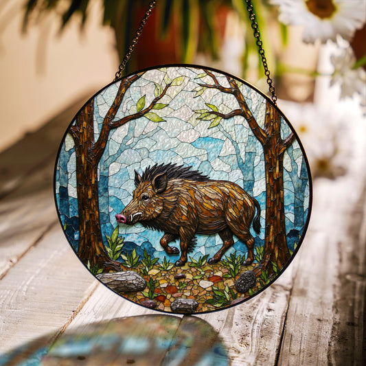 Wild Boar Forest Scene Stained Glass Suncatcher Woodland Animal Window Decor Gift for Nature Lover