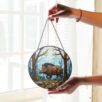 Wild Boar Forest Scene Stained Glass Suncatcher Woodland Animal Window Decor Gift for Nature Lover
