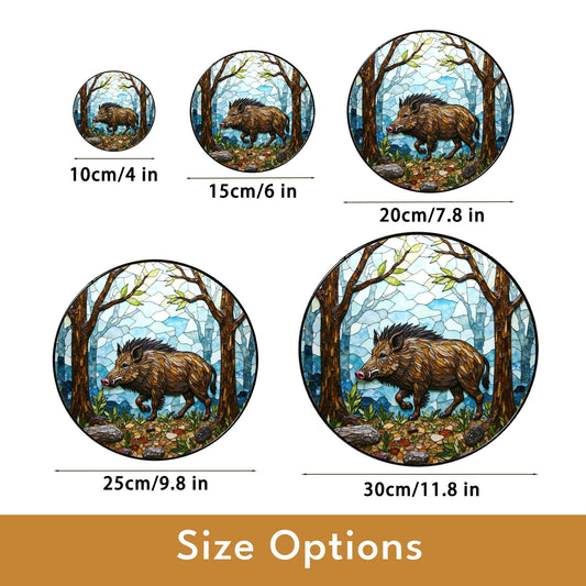Wild Boar Forest Scene Stained Glass Suncatcher Woodland Animal Window Decor Gift for Nature Lover