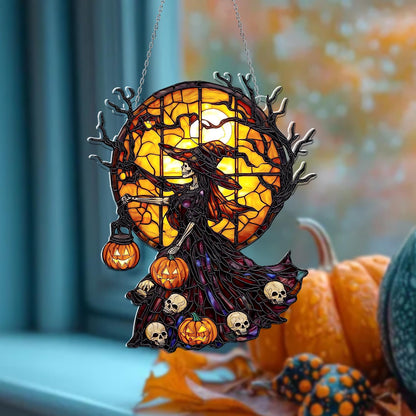 Halloween Skeleton Witch Acrylic Window Hanging with Full Moon & Pumpkins – Spooky Sun Catcher for Gothic Horror Holiday Home Décor