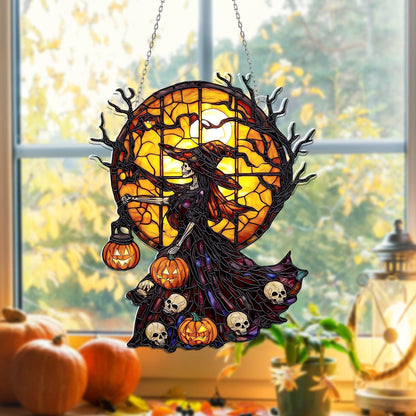 Halloween Skeleton Witch Acrylic Window Hanging with Full Moon & Pumpkins – Spooky Sun Catcher for Gothic Horror Holiday Home Décor