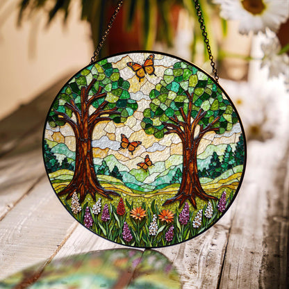 Forest Trees Butterfly Suncatcher Nature Stained Glass Window Decor Gift for Mom Birthday or Mother’s Day