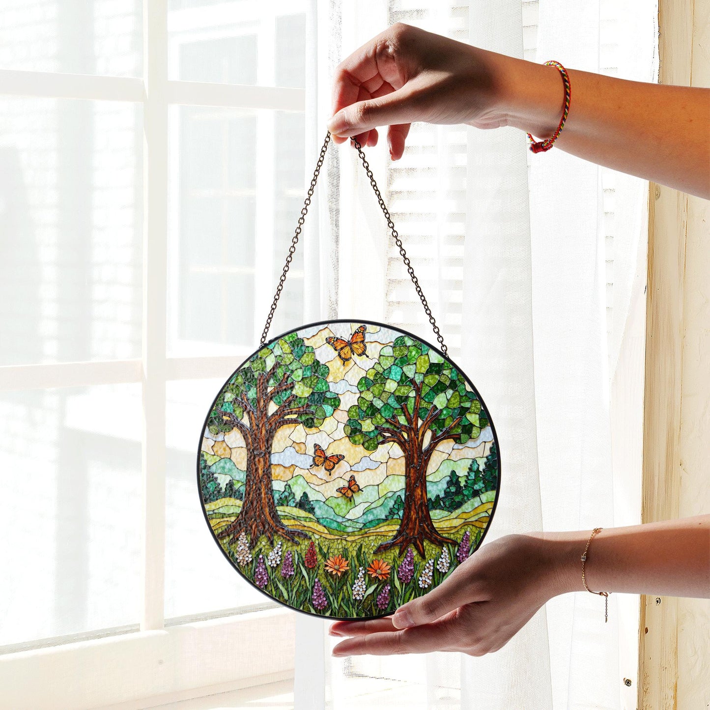 Forest Trees Butterfly Suncatcher Nature Stained Glass Window Decor Gift for Mom Birthday or Mother’s Day