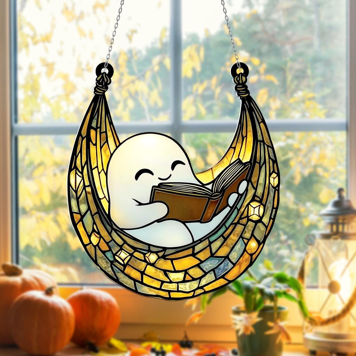 Cute Ghost Reading Book Acrylic Window Hanging – Adorable Sun Catcher for Whimsical, Cozy, and Halloween Home or Kids Room Décor