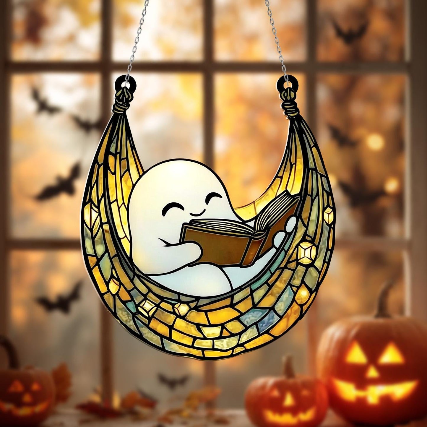 Cute Ghost Reading Book Acrylic Window Hanging – Adorable Sun Catcher for Whimsical, Cozy, and Halloween Home or Kids Room Décor