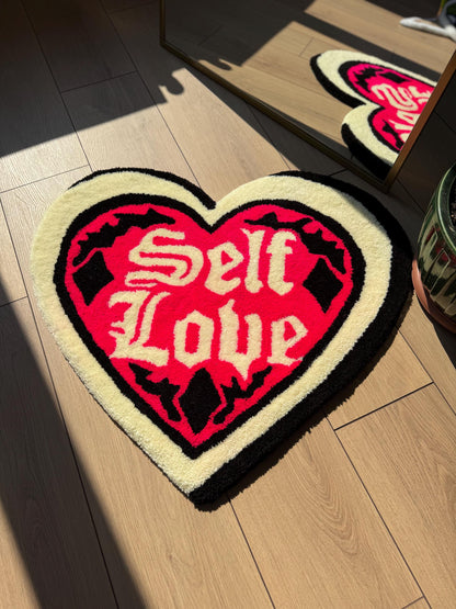 Handmade Self Love Heart Tufted Rug Bold Lettering Gothic Pink Red Carpet Aesthetic Bedroom Soft Floor Mat Empowering Decor 75x65cm Gift