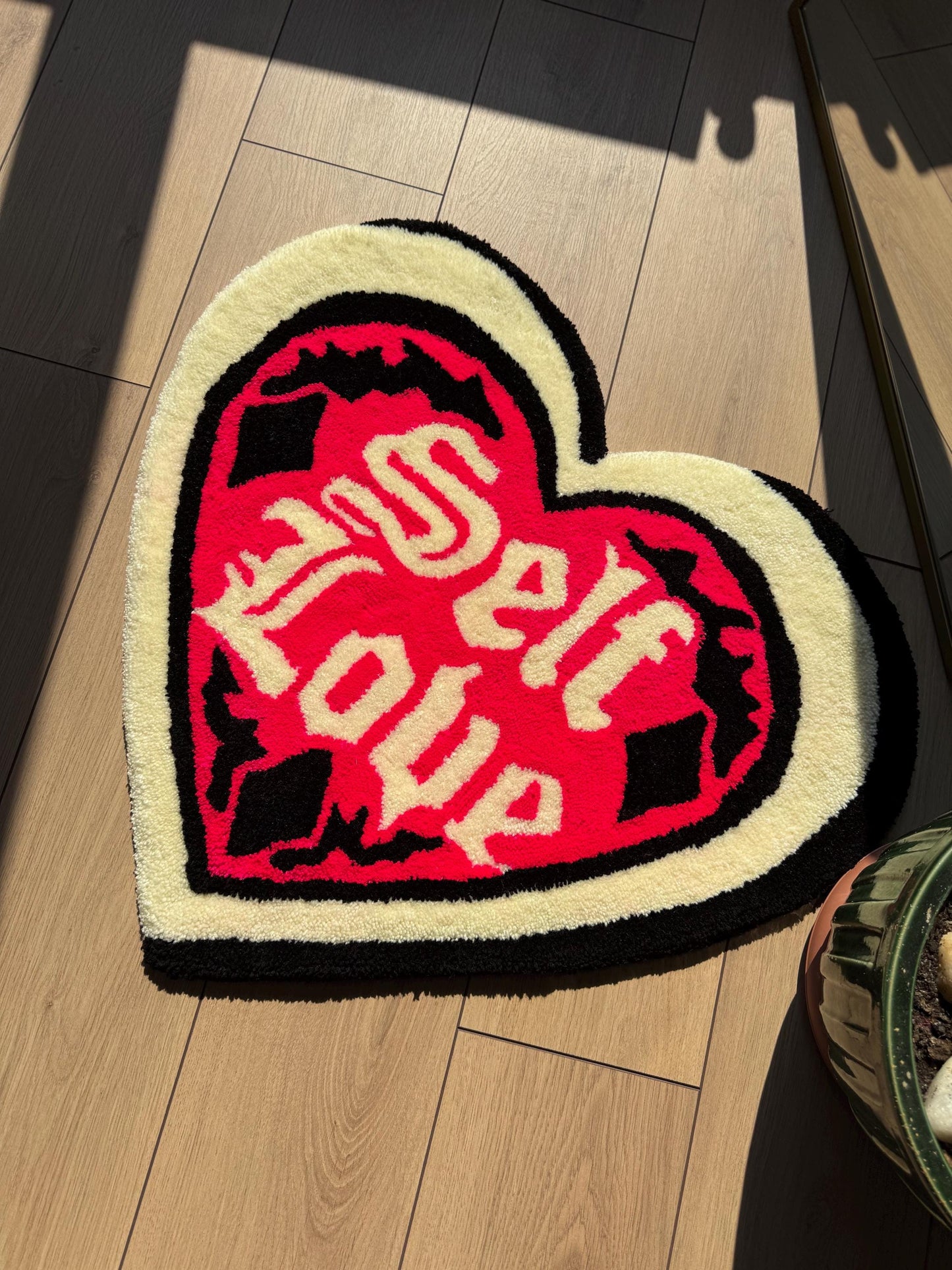 Handmade Self Love Heart Tufted Rug Bold Lettering Gothic Pink Red Carpet Aesthetic Bedroom Soft Floor Mat Empowering Decor 75x65cm Gift