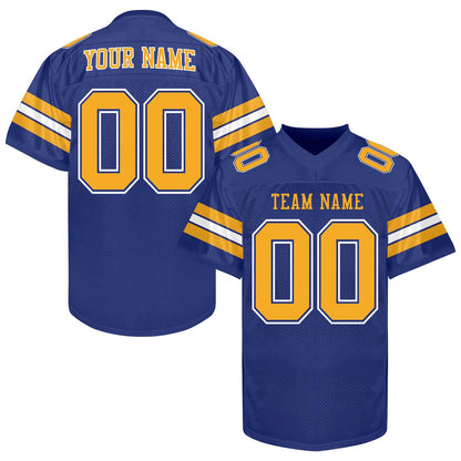 Custom Blue Gold Football Jersey Men Women Youth Kid, Football Shirt Printed Name Number and Logo, Practice Football Uniform for Sports Fan