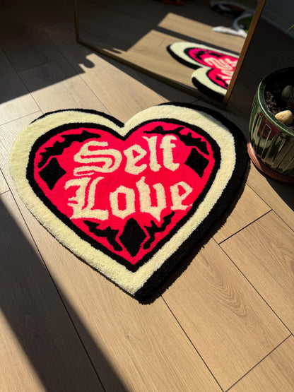 Handmade Self Love Heart Tufted Rug Bold Lettering Gothic Pink Red Carpet Aesthetic Bedroom Soft Floor Mat Empowering Decor 75x65cm Gift