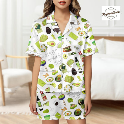 Avocado Print Pajamas Set, Green Pattern Button Shirt PJs, Short Sleeve Pyjama, Shorts Pajama, Matching Set for Women