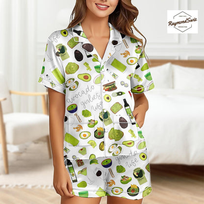 Avocado Print Pajamas Set, Green Pattern Button Shirt PJs, Short Sleeve Pyjama, Shorts Pajama, Matching Set for Women
