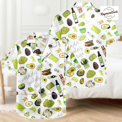 Avocado Print Pajamas Set, Green Pattern Button Shirt PJs, Short Sleeve Pyjama, Shorts Pajama, Matching Set for Women