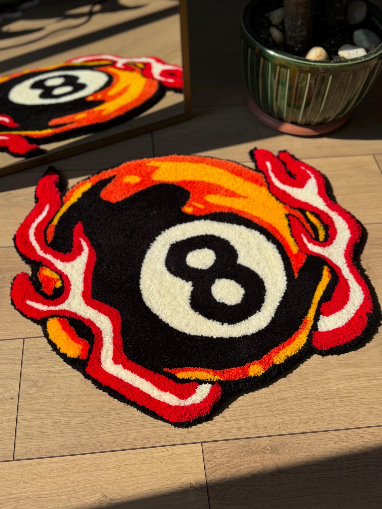 Handmade Flaming 8 Ball Tufted Rug Bold Pool Billiard Carpet Fire Themed Soft Floor Mat for Game Room Dorm Decor 60x60cm Gift Idea