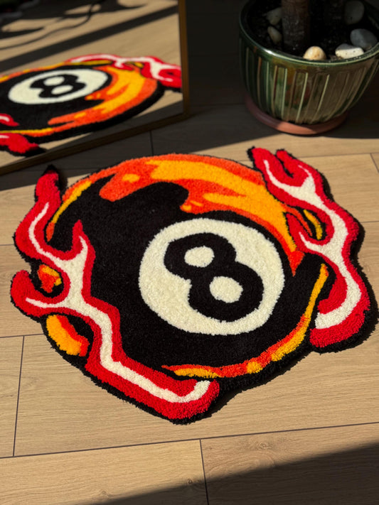 Handmade Flaming 8 Ball Tufted Rug Bold Pool Billiard Carpet Fire Themed Soft Floor Mat for Game Room Dorm Decor 60x60cm Gift Idea