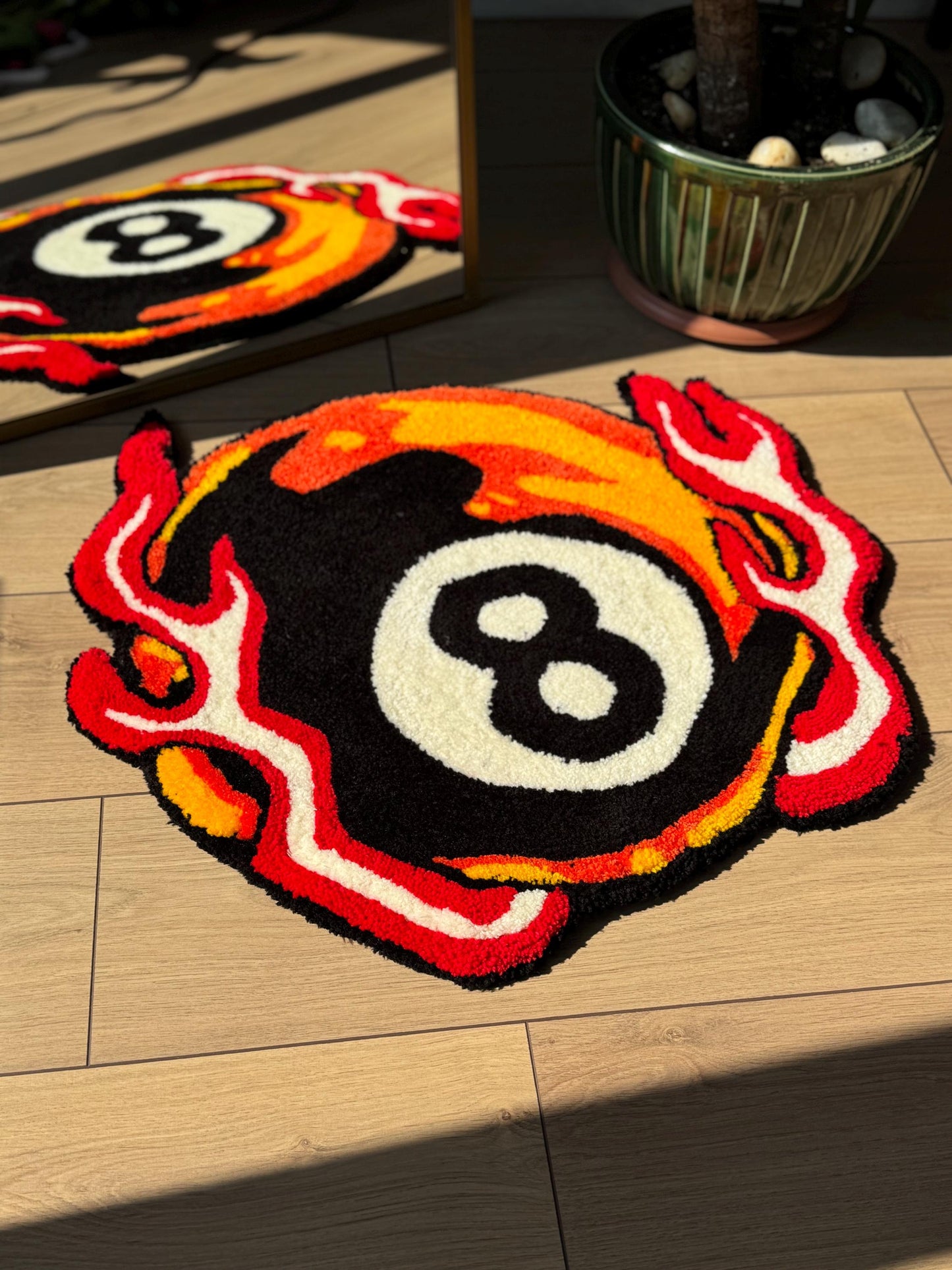 Handmade Flaming 8 Ball Tufted Rug Bold Pool Billiard Carpet Fire Themed Soft Floor Mat for Game Room Dorm Decor 60x60cm Gift Idea