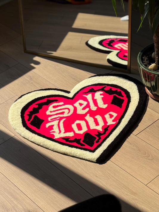 Handmade Self Love Heart Tufted Rug Bold Lettering Gothic Pink Red Carpet Aesthetic Bedroom Soft Floor Mat Empowering Decor 75x65cm Gift