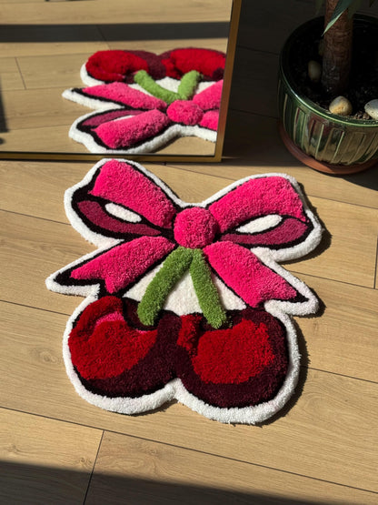 Handmade Cherry Bow Tufted Rug Red Cherries with Pink Ribbon Carpet Kawaii Aesthetic Cute Room Soft Floor Mat 60x60cm Gift Idea