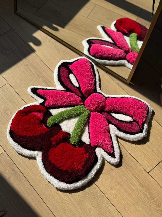 Handmade Cherry Bow Tufted Rug Red Cherries with Pink Ribbon Carpet Kawaii Aesthetic Cute Room Soft Floor Mat 60x60cm Gift Idea