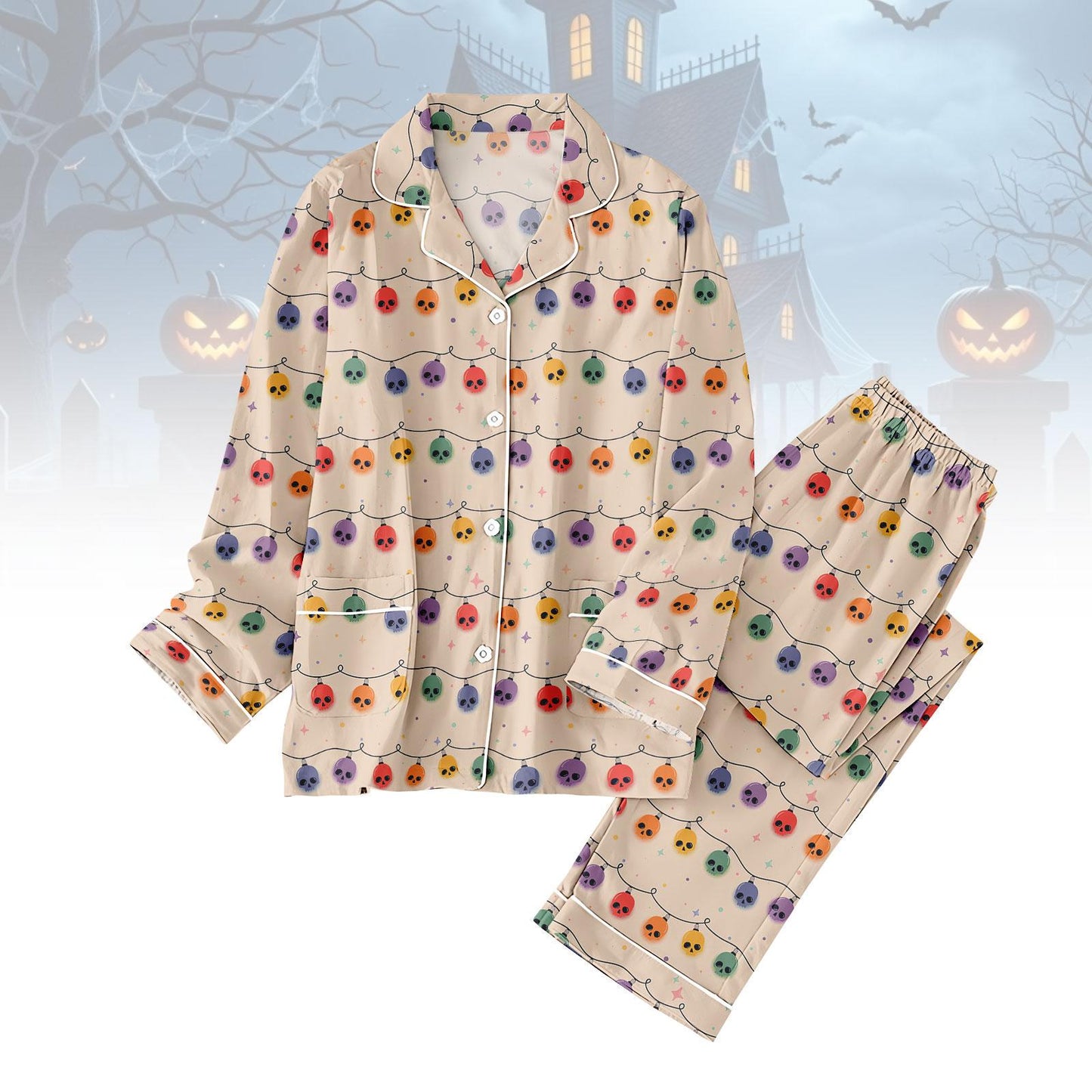 Halloween Pajama Set for Women, Pumpkin Satin Sleepwear, Spooky Jack O'Lantern PJs, Long Sleeve Fall Loungewear, Trick or Treat Outfit