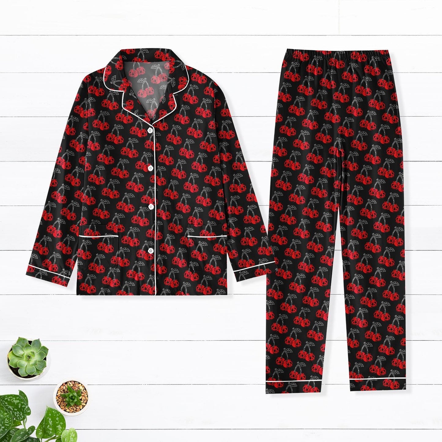 Halloween Skeleton Cherry Thick Pajamas, Black Long Sleeve Pajama Set for Women, Coquette Fruity Sleepwear, Y2k Loungewear Outfit