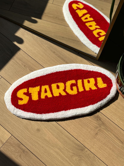 Handmade Stargirl Oval Tufted Rug Red Yellow Text Carpet Retro Pop Aesthetic Soft Floor Mat Cute Room Dorm Decor 65x30cm Gift Idea