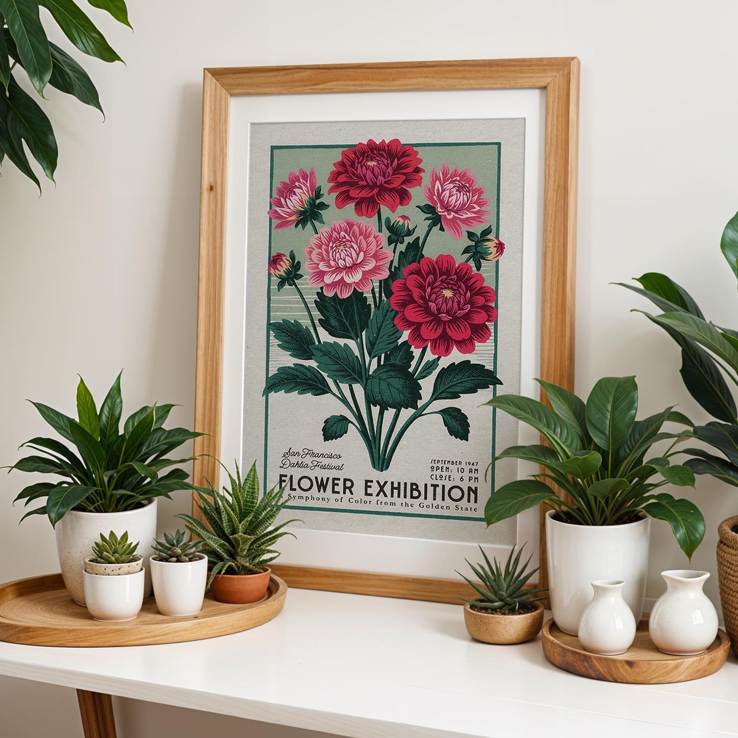 San Francisco Dahlia Botanical Art Print, Floral Wall Poster Gift | Retro Botanical Decor for Plant Moms, Mid Century Garden Artwork